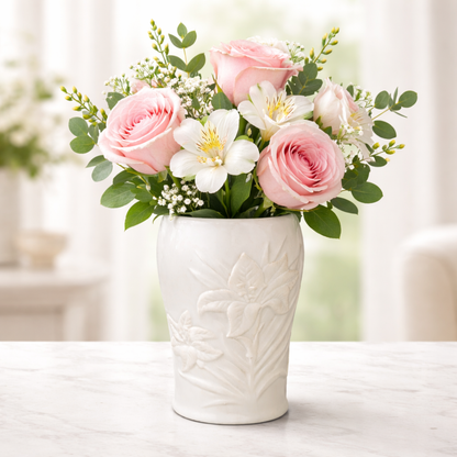 House of Elegance Hub 5 Inch Imported Porcelain Flower Vase | Premium White Embossed Decorative Vase for Living Room, Dining Table & Shelf Decor | Small Flower Vase for Home, Office, Centerpiece