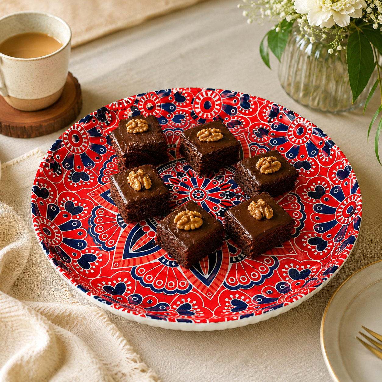 House of Elegance Hub Ceramic Serving Plate 25.5 cm | Decorative Mandala Dessert & Snack Plate | Premium Glossy Ceramic Platter for Serving Cake, Snacks, Fruits & Tea Setup