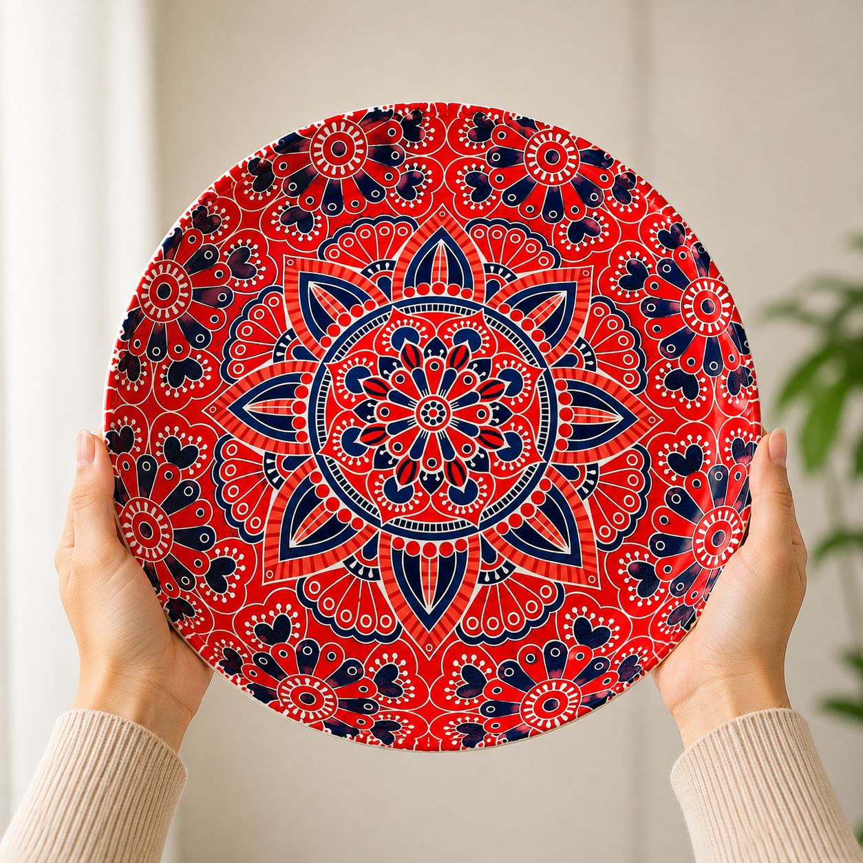 House of Elegance Hub Ceramic Serving Plate 25.5 cm | Decorative Mandala Dessert & Snack Plate | Premium Glossy Ceramic Platter for Serving Cake, Snacks, Fruits & Tea Setup