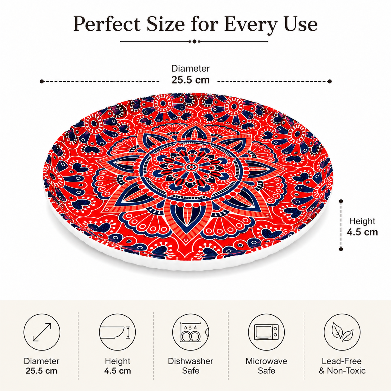House of Elegance Hub Ceramic Serving Plate 25.5 cm | Decorative Mandala Dessert & Snack Plate | Premium Glossy Ceramic Platter for Serving Cake, Snacks, Fruits & Tea Setup