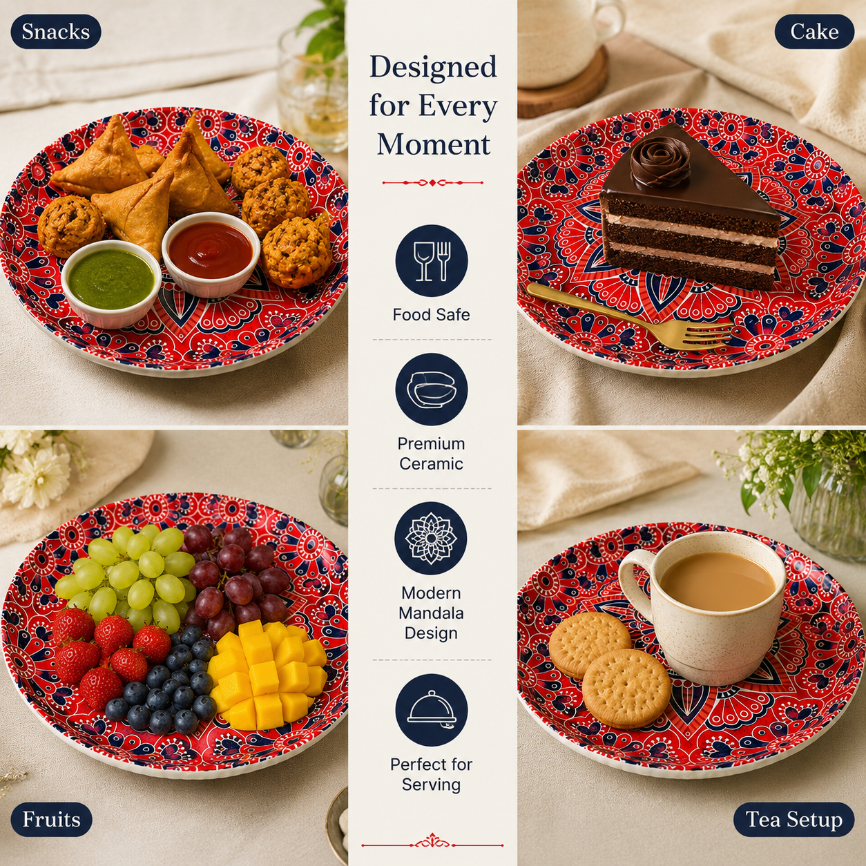 House of Elegance Hub Ceramic Serving Plate 25.5 cm | Decorative Mandala Dessert & Snack Plate | Premium Glossy Ceramic Platter for Serving Cake, Snacks, Fruits & Tea Setup