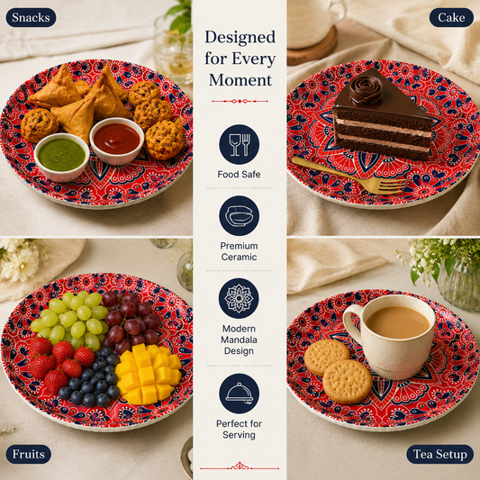 House of Elegance Hub Ceramic Serving Plate 25.5 cm | Decorative Mandala Dessert & Snack Plate | Premium Glossy Ceramic Platter for Serving Cake, Snacks, Fruits & Tea Setup