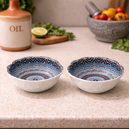 House of Elegance Hub Porcelain Snack Bowls Set of 2 | Handcrafted Blue Printed Small Bowls for Chutney, Dip, Dessert & Dry Fruits | 9 cm