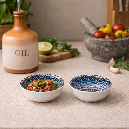 House of Elegance Hub Porcelain Snack Bowls Set of 2 | Handcrafted Blue Printed Small Bowls for Chutney, Dip, Dessert & Dry Fruits | 9 cm