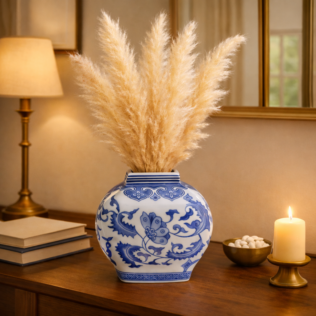 House of Elegance Hub Handcrafted Porcelain Vase | Blue & White Floral Design | 16 cm Height, 15 cm Width | Decorative Flower Vase for Living Room, Tabletop & Home Décor