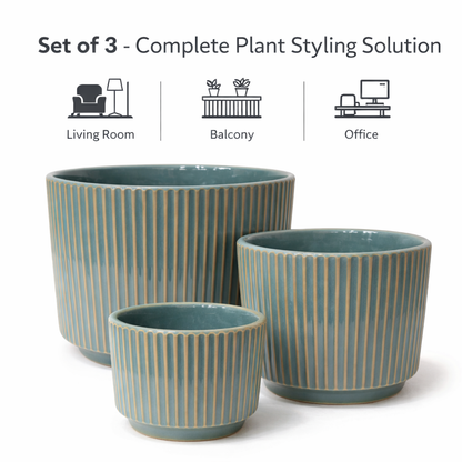 House of Elegance Hub Ceramic Planter Pots Set of 3 (Small, Medium, Large) | Ribbed Design Indoor Plant Pots for Living Room, Balcony & Office | Decorative Planters for Succulents & Home Decor