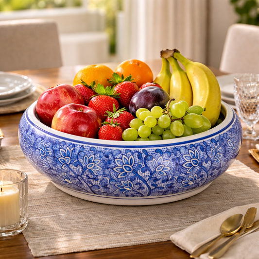 House of Elegance Hub Blue & White Porcelain Urli Bowl – Decorative Floating Flower Bowl with Water & Candle Setup | Premium Imported Ceramic Urli for Home Decor, Living Room & Festive Use