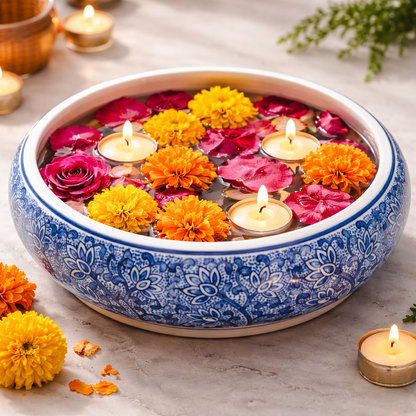 House of Elegance Hub Blue & White Porcelain Urli Bowl – Decorative Floating Flower Bowl with Water & Candle Setup | Premium Imported Ceramic Urli for Home Decor, Living Room & Festive Use