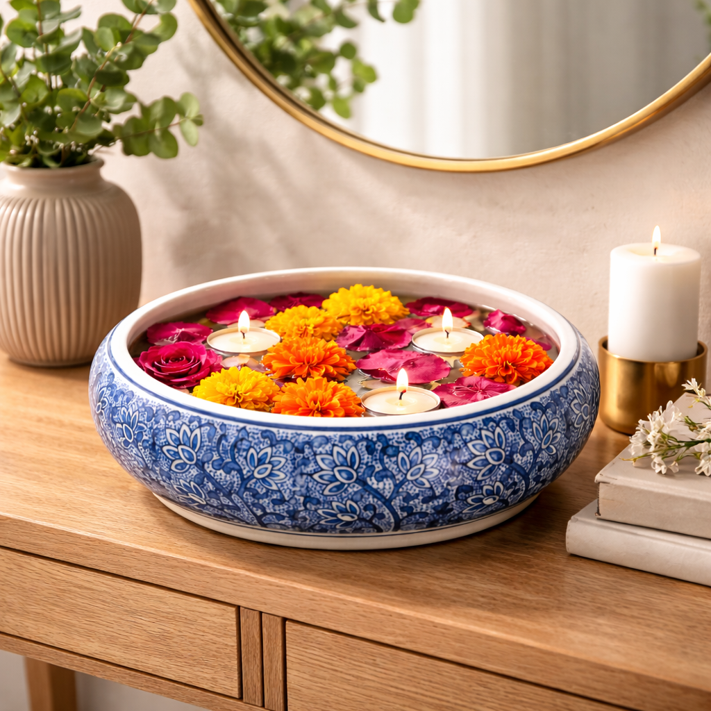 House of Elegance Hub Blue & White Porcelain Urli Bowl – Decorative Floating Flower Bowl with Water & Candle Setup | Premium Imported Ceramic Urli for Home Decor, Living Room & Festive Use