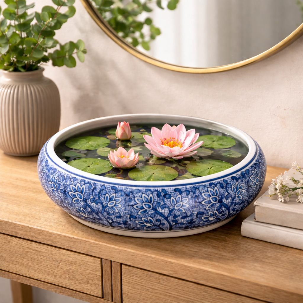 House of Elegance Hub Blue & White Porcelain Urli Bowl – Decorative Floating Flower Bowl with Water & Candle Setup | Premium Imported Ceramic Urli for Home Decor, Living Room & Festive Use