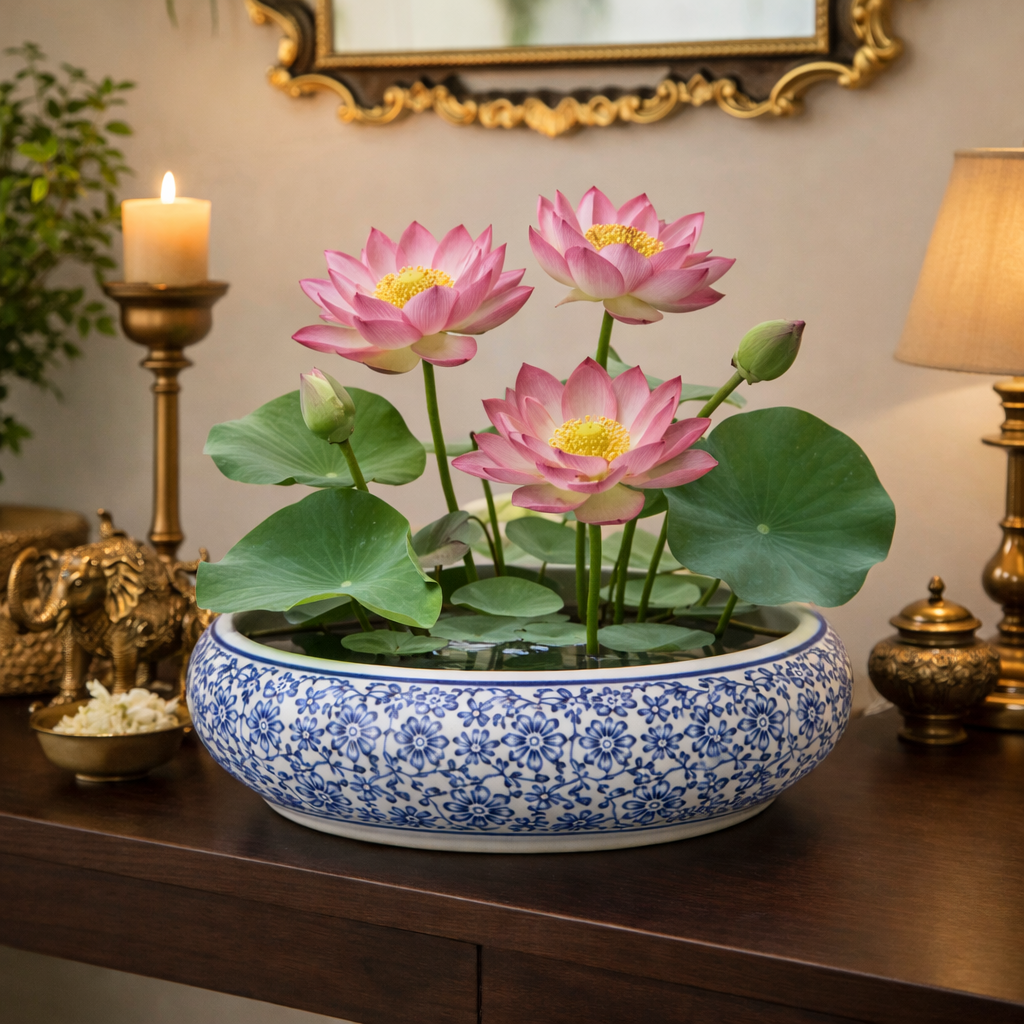 House of Elegance Hub 12 Inch Blue & White Porcelain Urli Bowl – Imported Ceramic Decorative Water Bowl for Floating Flowers & Candles, Centerpiece for Living Room, Festive & Diwali Decor