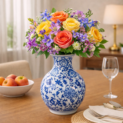 Blue & White Porcelain Flower Vase – 16.5 cm Ceramic Decorative Vase for Home Decor, Living Room, Table Centerpiece, Office & Gift Item (10 cm Diameter)