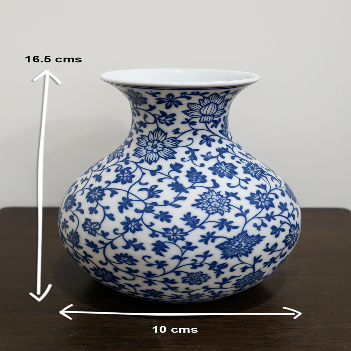 Blue & White Porcelain Flower Vase – 16.5 cm Ceramic Decorative Vase for Home Decor, Living Room, Table Centerpiece, Office & Gift Item (10 cm Diameter)