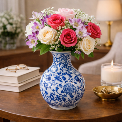 Blue & White Porcelain Flower Vase – 16.5 cm Ceramic Decorative Vase for Home Decor, Living Room, Table Centerpiece, Office & Gift Item (10 cm Diameter)