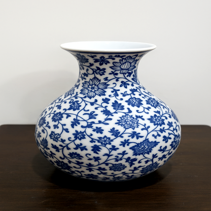 Blue & White Porcelain Flower Vase – 16.5 cm Ceramic Decorative Vase for Home Decor, Living Room, Table Centerpiece, Office & Gift Item (10 cm Diameter)
