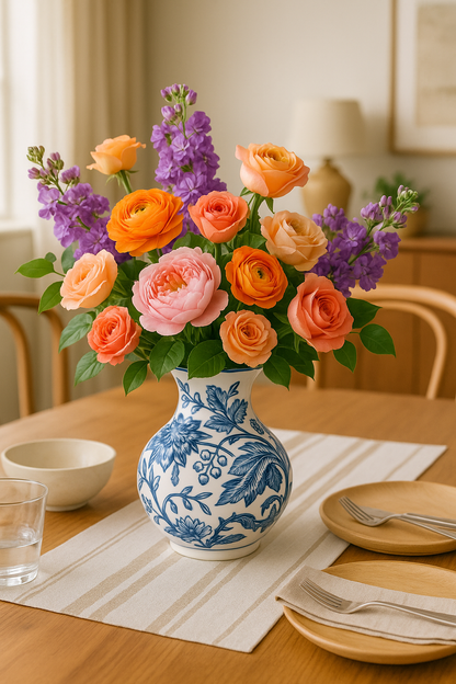 House of Elegance Hub Blue & White Porcelain Vase (16.5 cm Height) – Premium Imported Ceramic Flower Vase for Living Room, Table Decor & Home Decoration | Elegant Floral Design