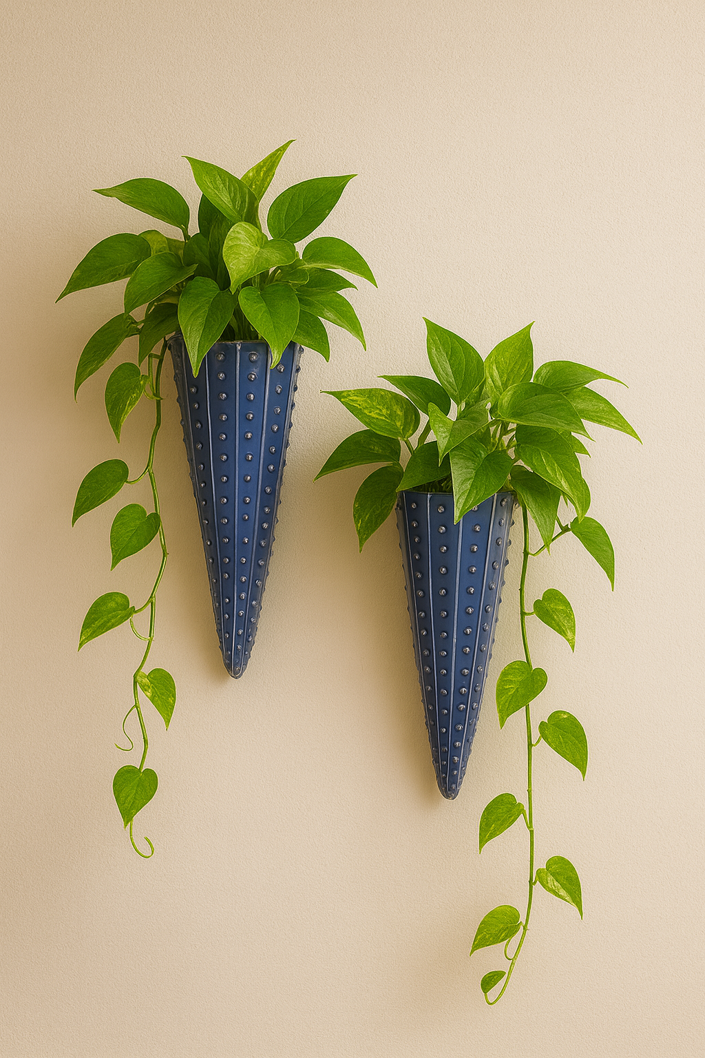 Blue Ceramic Wall Hanging Vase (Set of 2) – Long Cone Flower Holder (25 × 7 cm)