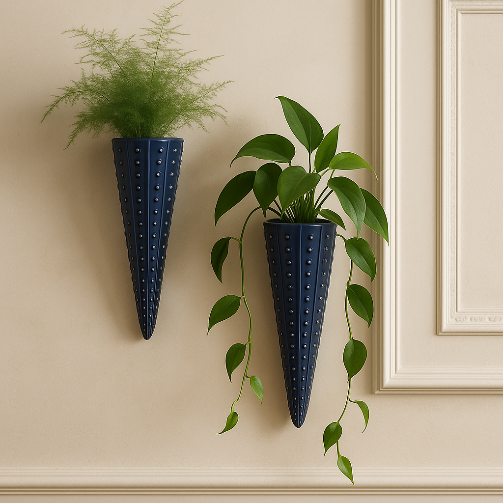 Blue Ceramic Wall Hanging Vase (Set of 2) – Long Cone Flower Holder (25 × 7 cm)