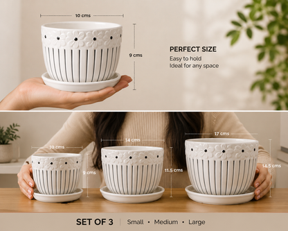 House of Elegance Hub Ceramic Planter Set of 3 with Tray | Premium White Embossed Flower Pots for Indoor Plants | Modern Decorative Ceramic Plant Pots for Living Room, Balcony, Office & Home Décor