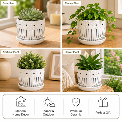 House of Elegance Hub Ceramic Planter Set of 3 with Tray | Premium White Embossed Flower Pots for Indoor Plants | Modern Decorative Ceramic Plant Pots for Living Room, Balcony, Office & Home Décor