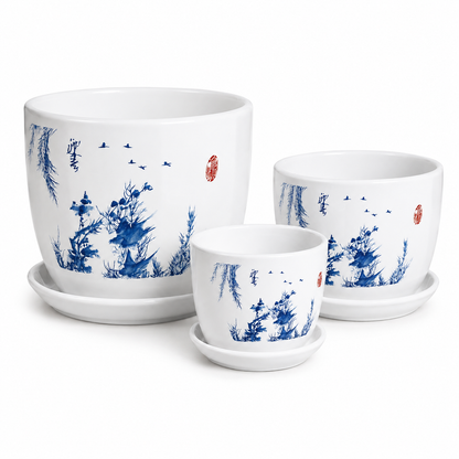 Beautiful Blue Scenery Ceremic Planter (Set of 3)