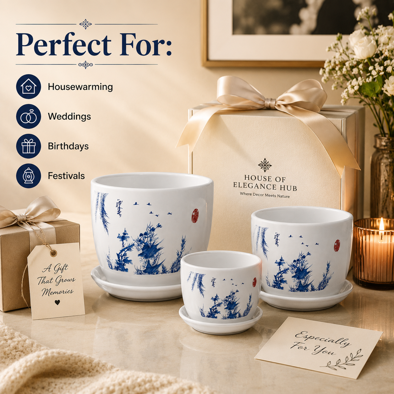 Beautiful Blue Scenery Ceremic Planter (Set of 3)