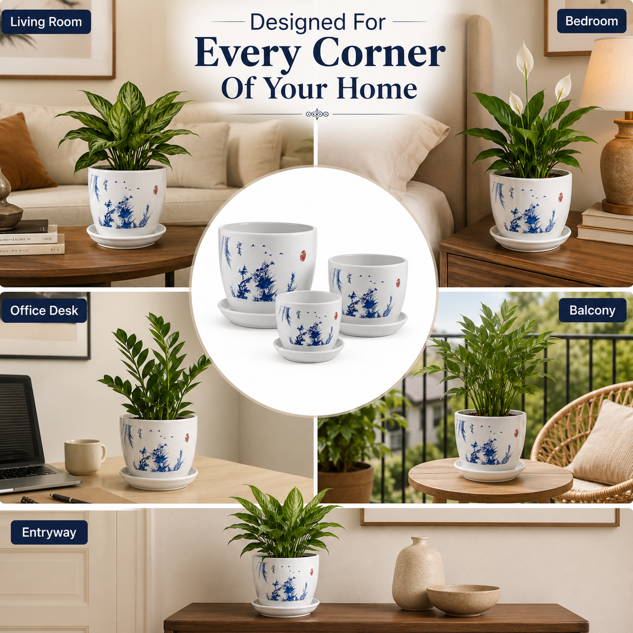 Beautiful Blue Scenery Ceremic Planter (Set of 3)