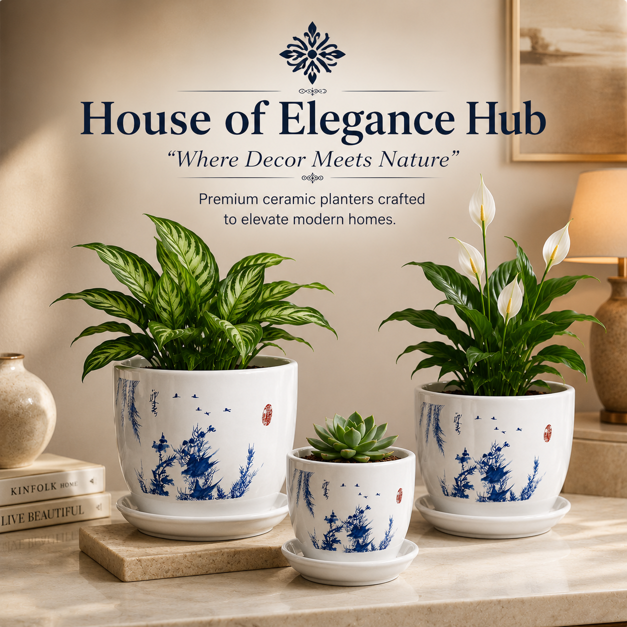 Beautiful Blue Scenery Ceremic Planter (Set of 3)