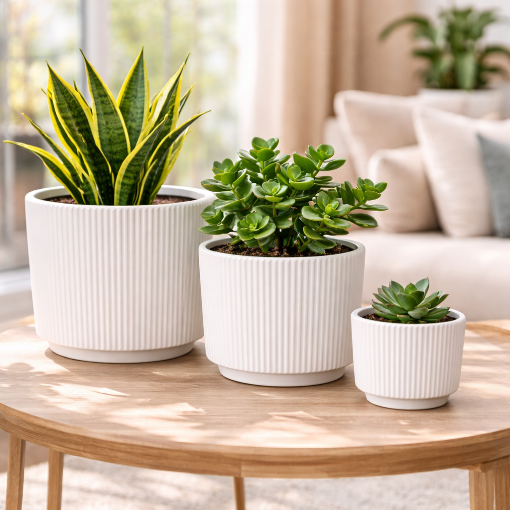 Modern Black / White Ceramic Planter (Set of 3 ) | Elegant Black / White Ribbed Design
