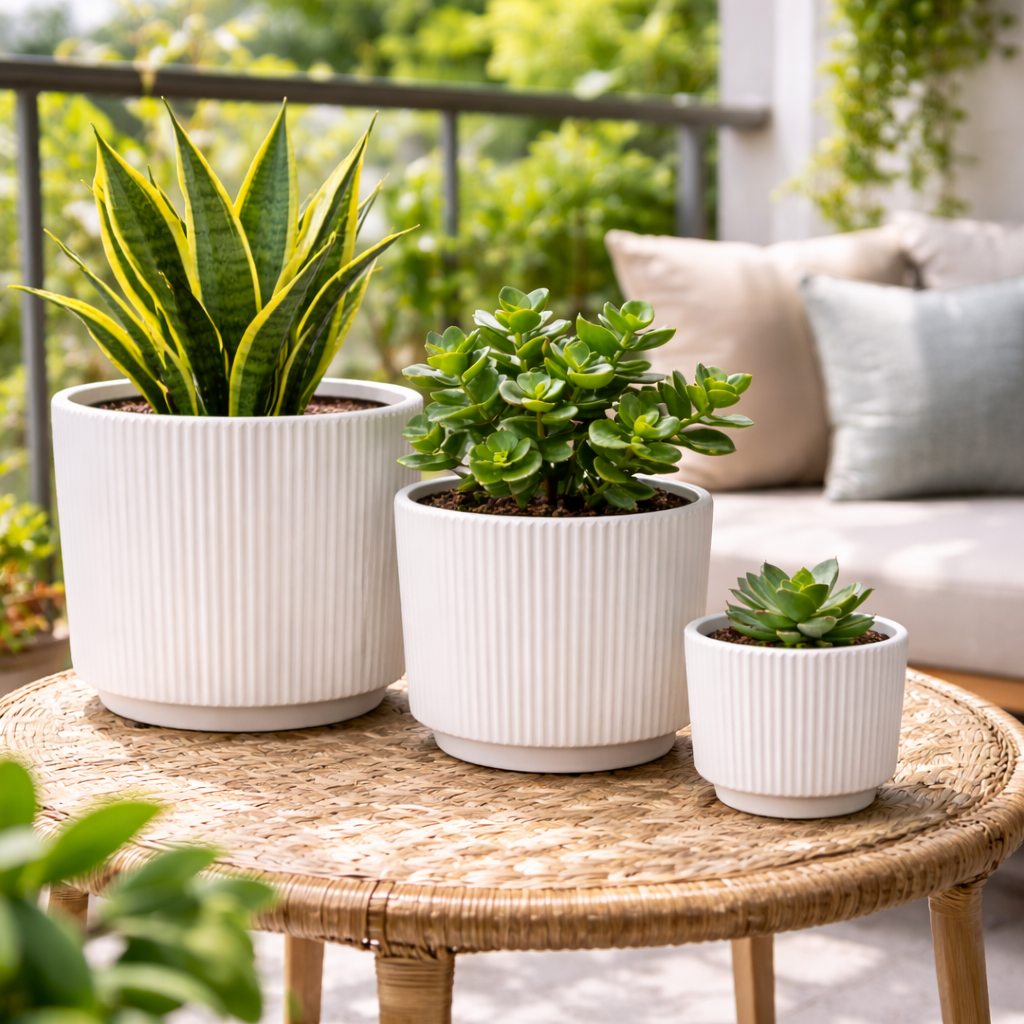 Modern Black / White Ceramic Planter (Set of 3 ) | Elegant Black / White Ribbed Design