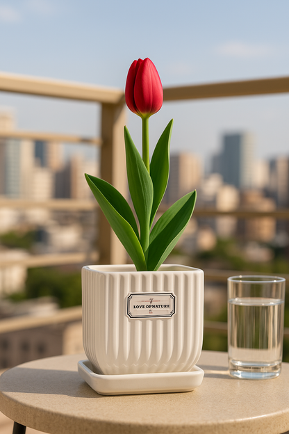 Elegant White Square Ribbed Ceramic Planter – 4x4 Inch | Luxury Indoor Plant Pot with “Love of Nature” Label | HouseOfEleganceHub | Premium Export Collection | Designer Ceramic Planter for Home & Office Décor
