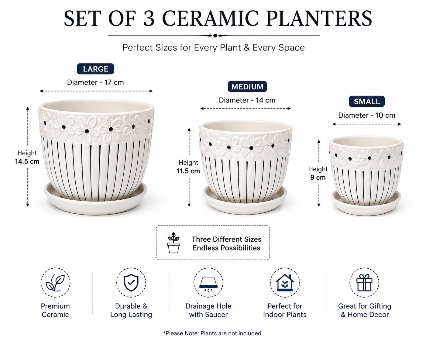 House of Elegance Hub Ceramic Planter Set of 3 with Tray | Premium White Embossed Flower Pots for Indoor Plants | Modern Decorative Ceramic Plant Pots for Living Room, Balcony, Office & Home Décor
