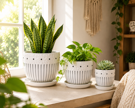 House of Elegance Hub Ceramic Planter Set of 3 with Tray | Premium White Embossed Flower Pots for Indoor Plants | Modern Decorative Ceramic Plant Pots for Living Room, Balcony, Office & Home Décor