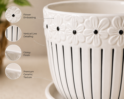 House of Elegance Hub Ceramic Planter Set of 3 with Tray | Premium White Embossed Flower Pots for Indoor Plants | Modern Decorative Ceramic Plant Pots for Living Room, Balcony, Office & Home Décor