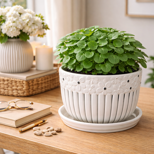 House of Elegance Hub Ceramic Flower Planter with Attached Tray (17 cm Dia × 14.5 cm Height | 6.7 in × 5.7 in) – White Floral Ribbed Pot for Indoor Plants