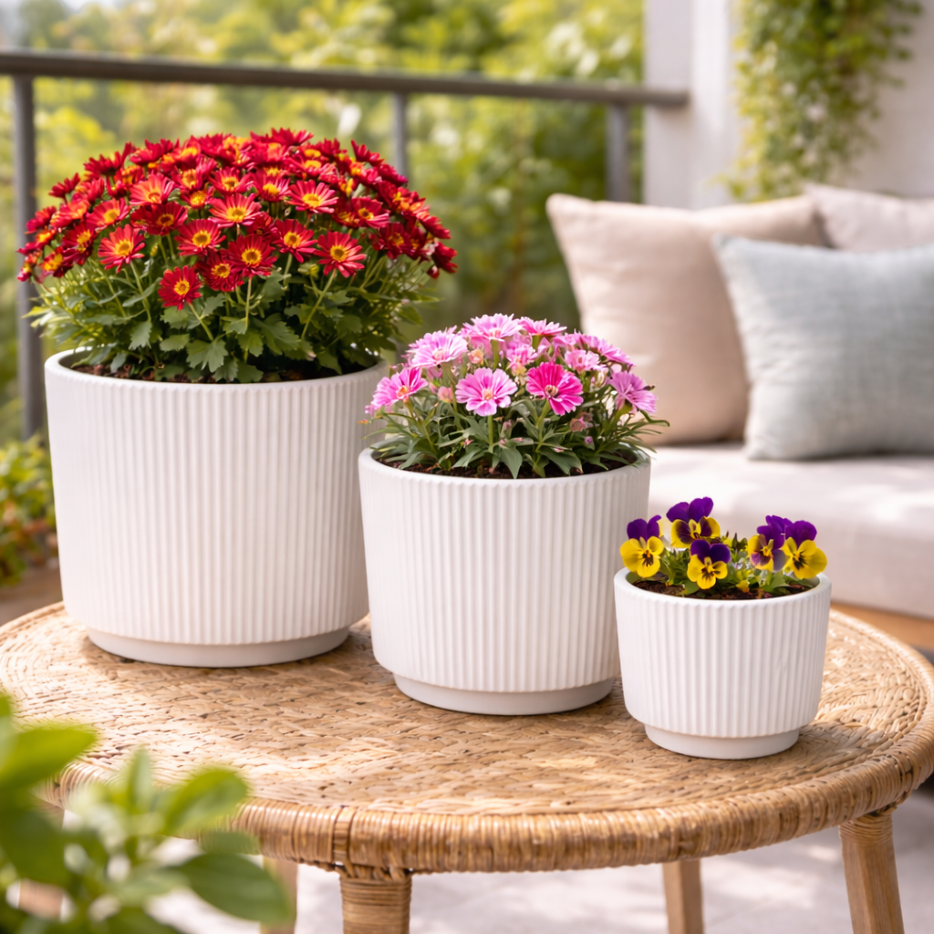 House of Elegance Hub Ceramic Planter Pots Set of 3 (Small, Medium, Large) | Ribbed Design Indoor Plant Pots for Living Room, Balcony & Office | Decorative Planters for Succulents & Home Decor