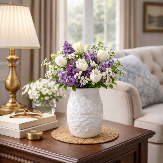 House of Elegance Hub White Porcelain Flower Carved Vase | Elegant Minimal Ceramic Table Vase for Home Décor | Glossy Finish Decorative Vase (13 cm Height)