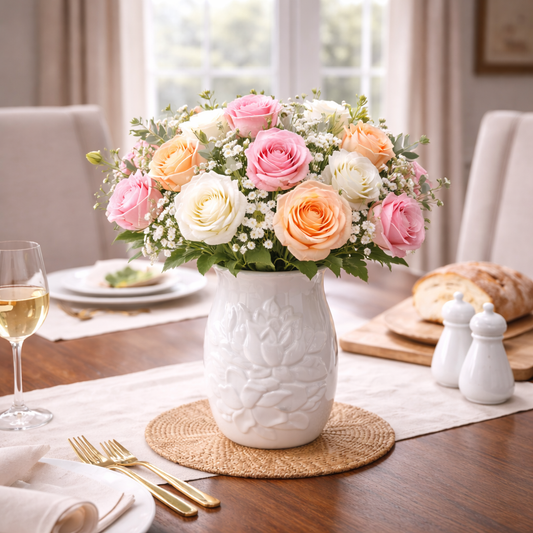 House of Elegance Hub White Porcelain Flower Carved Vase | Elegant Minimal Ceramic Table Vase for Home Décor | Glossy Finish Decorative Vase (13 cm Height)