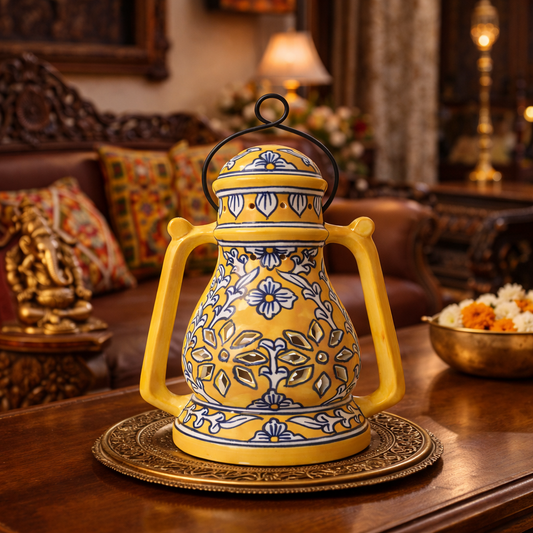 House of Elegance Hub Handcrafted Yellow Ceramic Lantern with Handle | 27 cm Height, 23 cm Width | Decorative Candle Holder Lantern | Traditional Home Décor