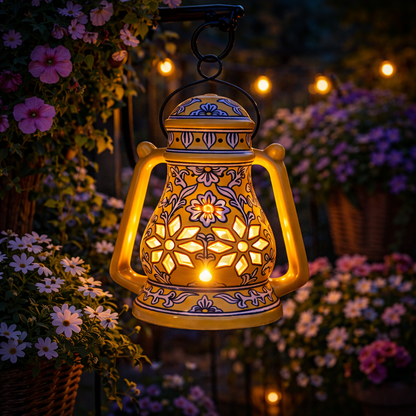 House of Elegance Hub Handcrafted Yellow Ceramic Lantern with Handle | 27 cm Height, 23 cm Width | Decorative Candle Holder Lantern | Traditional Home Décor