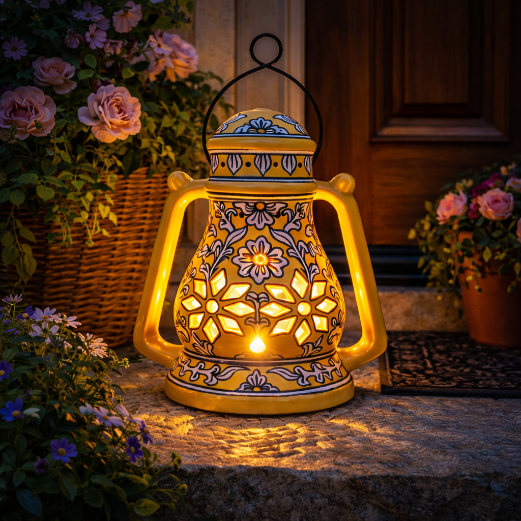 House of Elegance Hub Handcrafted Yellow Ceramic Lantern with Handle | 27 cm Height, 23 cm Width | Decorative Candle Holder Lantern | Traditional Home Décor