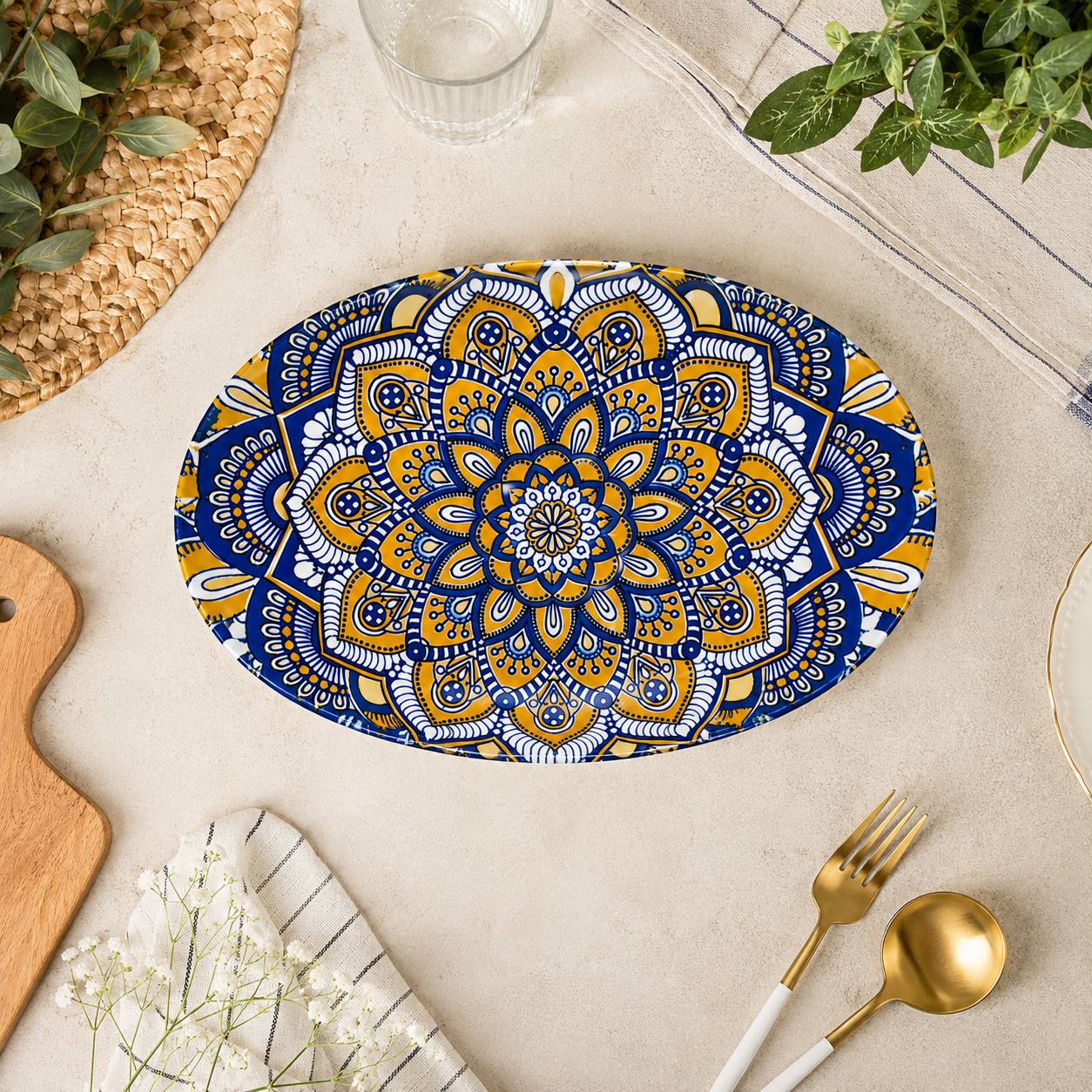 House of Elegance Hub Oval Ceramic Serving Plate | Mandala Design Decorative Platter for Snacks, Desserts, Fruits & Tea Serving | Premium Gloss Finish Oval Plate | 27 x 17 cm
