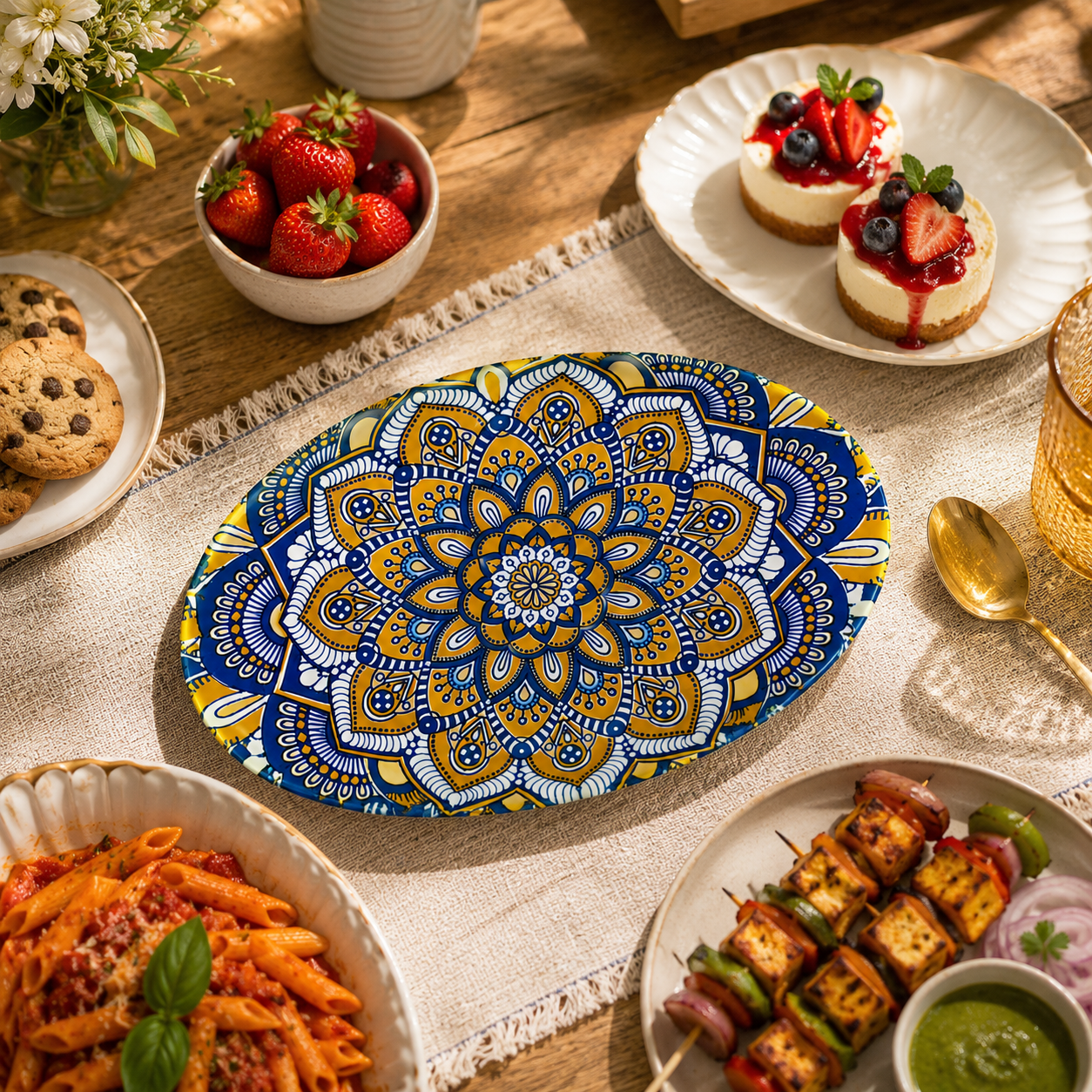 House of Elegance Hub Oval Ceramic Serving Plate | Mandala Design Decorative Platter for Snacks, Desserts, Fruits & Tea Serving | Premium Gloss Finish Oval Plate | 27 x 17 cm