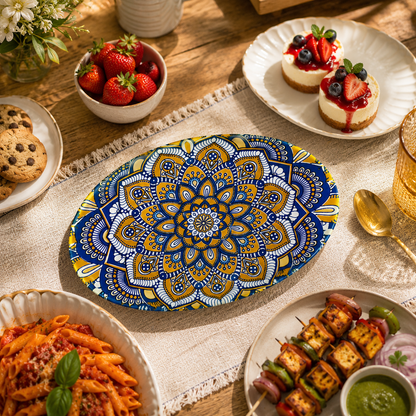 House of Elegance Hub Oval Ceramic Serving Plate | Mandala Design Decorative Platter for Snacks, Desserts, Fruits & Tea Serving | Premium Gloss Finish Oval Plate | 27 x 17 cm