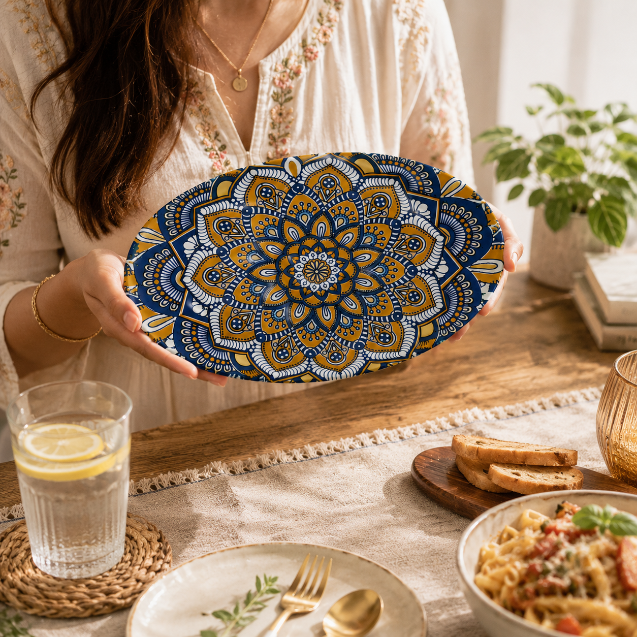 House of Elegance Hub Oval Ceramic Serving Plate | Mandala Design Decorative Platter for Snacks, Desserts, Fruits & Tea Serving | Premium Gloss Finish Oval Plate | 27 x 17 cm