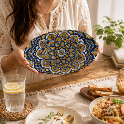 House of Elegance Hub Oval Ceramic Serving Plate | Mandala Design Decorative Platter for Snacks, Desserts, Fruits & Tea Serving | Premium Gloss Finish Oval Plate | 27 x 17 cm