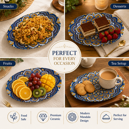 House of Elegance Hub Oval Ceramic Serving Plate | Mandala Design Decorative Platter for Snacks, Desserts, Fruits & Tea Serving | Premium Gloss Finish Oval Plate | 27 x 17 cm